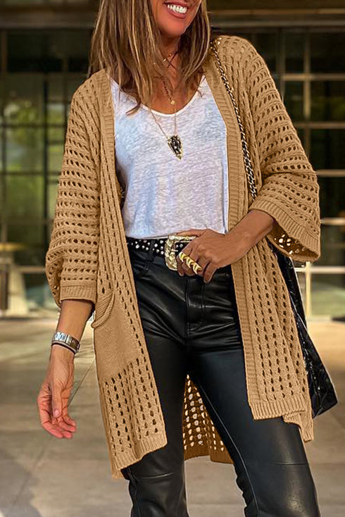 Pointelle Knit Pocket Open Front Cardigan
